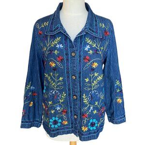 Gunit NY Embroidered Georgia Jean Jacket Floral Lagenlook Artsy Folk Eclectic-M